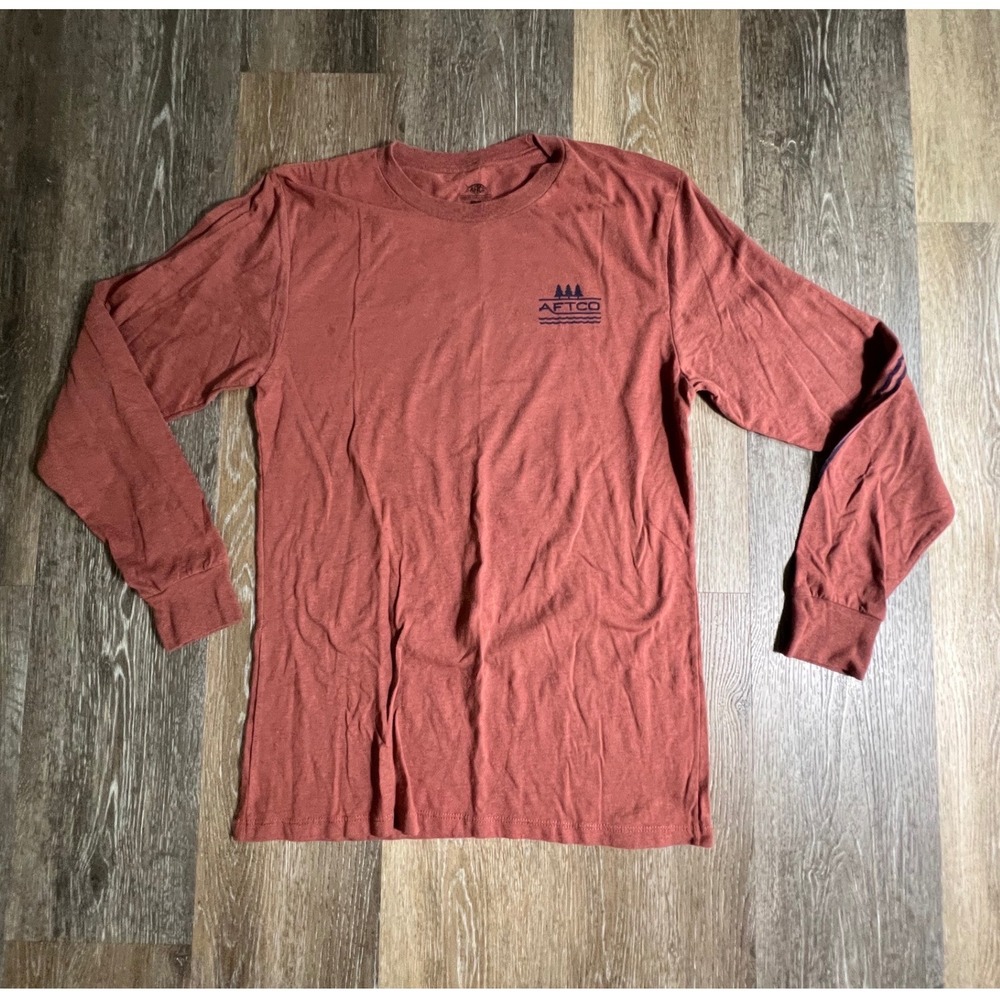AFTCO Long Sleeve Shirt Mens Small Red Graphic Fishing Outdoor Tee Cotton Blend